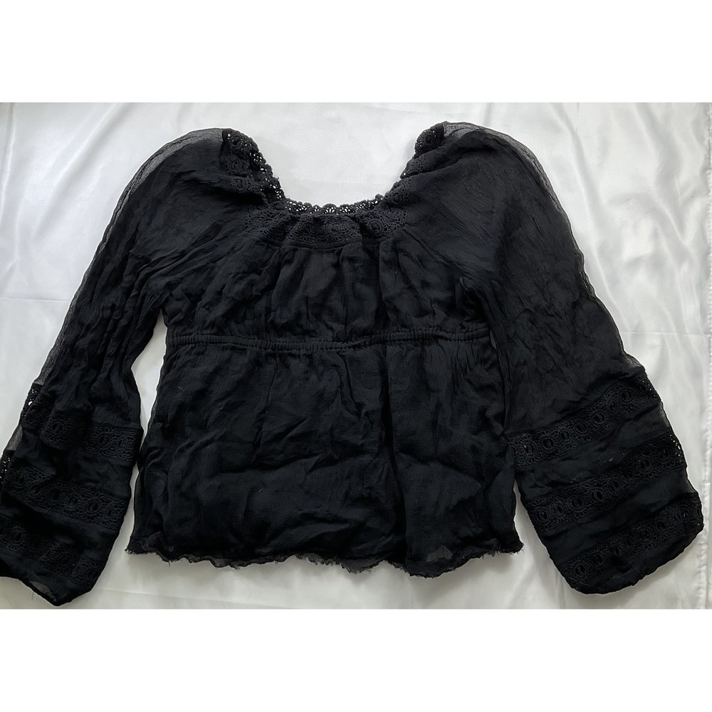 Free People Size L  Black Crochet Trim Boho 100% Rayon Peasant Blouse 42